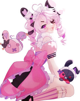 1girl :d absurdres ahoge animal_ears arms_between_legs back_bow blush bow eyepatch from_side heart heart_ahoge highres loe_190x163 looking_at_viewer maid maid_headdress maria_marionette maria_marionette_(maid) marippet_(maria_marionette) nijisanji nijisanji_en open_mouth pink_eyes pink_hair rabbit_ears simple_background sir_ventrilo_(maria_marionette) sitting smile virtual_youtuber wariza white_background