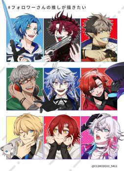 6+boys absurdres animal animal_on_shoulder arurandeisu arurandeisu_(1st_costume) black_background black_bow black_bowtie black_gloves black_jacket black_nails blonde_hair blue_background blue_eyes blue_hair bow bowtie bracelet braid brown_hair commentary conductor_baton crimzon_ruze crown ear_piercing english_commentary fangs ferret fingernails flower_hairpin followers_favorite_challenge gavis_bettel gavis_bettel_(1st_costume) glasses gloves green_background green_eyes grey_hair gun hair_ornament hairclip hanasaki_miyabi hanasaki_miyabi_(1st_costume) hand_on_headphones hand_on_own_chin hands_on_own_face hat headphones headphones_around_neck heterochromia highres hiyamaru holding holding_baton holding_gun holding_unworn_clothes holding_unworn_hat holding_weapon holostars holostars_english hood hoodie hoto_11010 jacket jewelry jurard_t_rexford kishido_temma kishido_temma_(1st_costume) machina_x_flayon machina_x_flayon_(1st_costume) male_focus multicolored_hair multiple_boys multiple_braids multiple_drawing_challenge nail_polish octavio one_eye_closed outline outside_border outstretched_hand piercing pink_background pink_eyes pink_hair polka_dot polka_dot_background portrait red_background red_eyes red_hair red_jacket regis_altare scarf sharp_fingernails sharp_teeth shirt short_hair sleeves_past_wrists slit_throat_(gesture) teeth tongue tongue_out top_hat tri_braids two-tone_hair unworn_hat unworn_headwear virtual_youtuber weapon white_hair white_hoodie white_jacket white_outline white_scarf white_shirt yellow_background yellow_eyes