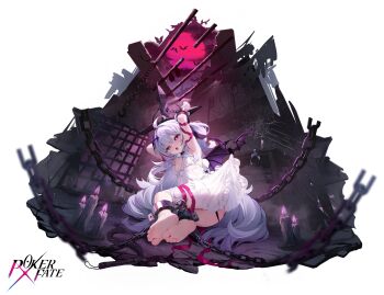 Rule 34 | 1girl, absurdres, armpits, arms up, babydoll, barefoot, bat (animal), bound, bound ankles, bound wrists, breasts, candle, chain, choker, cleavage, clothes lift, commentary, copyright name, cowlick, cross, cross pendant, cuffed, cuffs, demon girl, diamond (shape), dress, dress lift, feet, full body, hair between eyes, handcuffs, heart, heart-shaped pupils, highres, hook, latin cross, lilith (oath) (poker fate), lilith (poker fate), long hair, looking at viewer, moon, multicolored hair, nahaki, official alternate costume, official art, open mouth, outdoors, poker fate, red eyes, red hair, red moon, red ribbon, restrained, ribbon, saliva, saliva trail, shackles, silk, simple background, small breasts, solo, spider web, spiked choker, spikes, streaked hair, symbol-shaped pupils, teeth, upper teeth only, very long hair, whip, white babydoll, white background, white hair