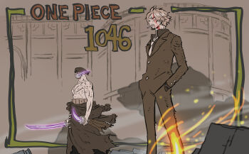 Rule 34 | 2boys, absurdres, blonde hair, collared shirt, commentary request, copyright name, curly eyebrows, facial hair, formal clothes, goatee, hands in pockets, haramaki, highres, holding, holding sword, holding weapon, japanese clothes, katsumi ishizuka, kimono, male focus, multiple boys, mustache, one piece, roronoa zoro, sanji (one piece), shirt, suit, sword, topless male, weapon, weapon in mouth