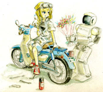 1girl asimo blonde_hair double_sided_wrench flower goggles goggles_on_head holding holding_flower honda honda_super_cub humanoid_robot long_hair looking_at_another master_(4th) original painting_(medium) robot solo tools traditional_media watercolor_(medium) wrench