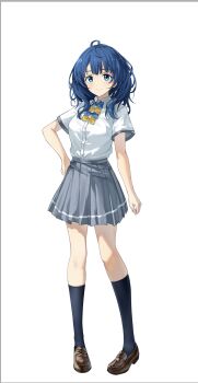 1girl black_socks blue_bow blue_bowtie blue_eyes blue_hair bow bowtie breasts brown_shoes closed_mouth commentary_request full_body geez grey_skirt hand_on_own_hip highres kneehighs loafers long_hair looking_at_viewer make_heroine_ga_oo_sugiru! medium_breasts pleated_skirt school_uniform shirt shoes short_sleeves simple_background skirt smile socks solo tsuwabuki_high_school_uniform white_background white_shirt yanami_anna yellow_bow yellow_bowtie