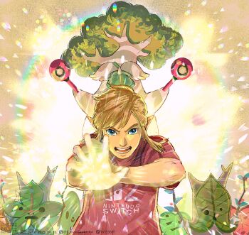 Rule 34 | 2boys, blonde hair, blue eyes, commentary request, fuyumaru mominoki, halation, hestu, highres, holding, holding rattle, korok, link, looking at viewer, multiple boys, nintendo, print shirt, rattle, red shirt, shirt, t-shirt, the legend of zelda, the legend of zelda: tears of the kingdom