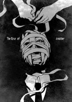 1boy 1other atamaokasii bandaged_head bandages blending collared_shirt covered_face english_text formal_clothes greyscale jacket looking_up male_focus monochrome necktie out_of_frame portrait shirt suit tanin_no_kao unwrapping wide-eyed