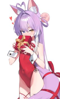 1girl absurdres ahoge animal_ear_fluff animal_ears blue_eyes blush commentary_request covered_navel cowboy_shot flat_chest fox_ears fox_girl fox_tail gift hair_ornament hair_rings hands_up heart heart_ahoge heterochromia highres holding holding_gift korean_commentary leotard long_hair looking_at_viewer nose_blush pom_pom_(clothes) pom_pom_hair_ornament purple_hair purple_tail red_leotard simple_background siopon12 solo standing stellive strapless strapless_leotard tail tenko_shibuki thigh_strap virtual_youtuber white_background white_wrist_cuffs wispy_bangs wrist_cuffs yellow_eyes