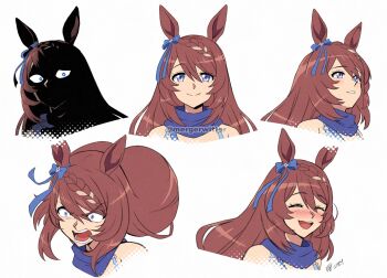 1girl animal_ears bare_shoulders blue_bow blue_eyes blue_scarf blush bow braid brown_hair closed_eyes closed_mouth dress ear_bow ear_ribbon hair_between_eyes highres horse_ears horse_girl long_hair looking_at_viewer mergeritter multicolored_hair multiple_expressions open_mouth portrait scarf shaded_face simple_background smile streaked_hair super_creek_(murmuring_stream)_(umamusume) super_creek_(umamusume) teeth umamusume very_long_hair white_background white_hair