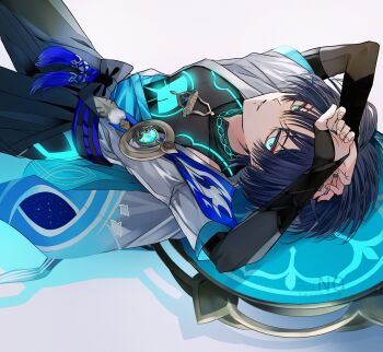 1boy arms_up asrhion blue_eyes blue_hair bodysuit genshin_impact hat highres long_sleeves looking_at_viewer lying male_focus on_back scaramouche_(genshin_impact) smile solo vision_(genshin_impact) wanderer_(genshin_impact) white_background