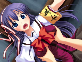 Rule 34 | 1boy, 1girl, armband, blue eyes, blush, bound, bow, bowtie, breasts, crucifixion, dutch angle, fumizuki yukari, grabbing another's breast, grey skirt, groping, hair between eyes, hair ribbon, hara hara!!, indoors, large variant set, long hair, looking at viewer, medium breasts, open mouth, outstretched arms, pov, pov hands, purple hair, purple serafuku, red bow, ribbon, safety pin, school uniform, serafuku, short sleeves, skirt, spread arms, standing, suzumiya natsuki, third-party source, upper body, variant set, wince, yellow armband