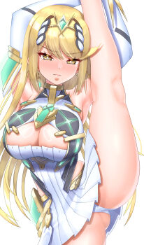 1girl absurdres bare_legs blonde_hair breasts chest_jewel cleavage cleavage_cutout clothing_cutout commentary_request core_crystal_(xenoblade) cowboy_shot dress highres large_breasts long_hair meipasuye microdress mythra_(xenoblade) panties simple_background solo split standing standing_on_one_leg standing_split tiara underwear white_background white_dress white_panties xenoblade_chronicles_(series) xenoblade_chronicles_2 yellow_eyes
