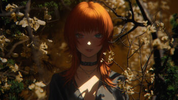 1girl absurdres aqua_eyes belt_collar black_jacket branch collar commentary face_piercing heterochromia highres jacket light_smile lip_piercing lips looking_at_viewer medium_hair orange_eyes original parted_lips piercing portrait red_hair shadow solo straight-on symbol-only_commentary wang-xi