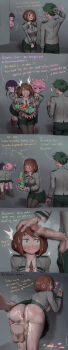 1boy 3girls 5koma absurdres ass bent_over black_hair black_sclera blazer blush boku_no_hero_academia bow breasts breasts_out brown_eyes brown_hair censored christmas colored_sclera colored_skin comic commentary condom cum cum_in_pussy curly_hair dildo disembodied_penis embarrassed english_commentary english_text erection gift_wrapping green_hair green_pants green_skirt grey_jacket grin heart hetero highres horns invisible_man jacket kneehighs large_penis loafers long_image medium_breasts midoriya_izuku mosaic_censoring multiple_girls nipples pants pantyhose penis penis_awe pink_hair pink_skin pleated_skirt school_uniform sex sex_from_behind sex_toy shoes short_hair sidelocks skirt smile socks standing standing_sex steam tall_image testicles u.a._school_uniform uraraka_ochako used_condom vaginal wide-eyed wjs07 yellow_eyes
