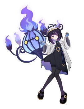 1girl :&lt; belt belt_buckle black_dress black_hair black_shoes blue_gloves blush bob_cut buckle chandelure claw_pose closed_mouth coat dress e_gyo full_body gen_5_pokemon gloves gradient_hair gwynn_(pokemon) hat highres long_sleeves looking_at_viewer multicolored_hair nintendo o-ring o-ring_belt open_clothes open_coat pantyhose partially_fingerless_gloves pokemon pokemon_(creature) pokemon_legends:_z-a purple_eyes purple_hair shoes short_hair white_background white_coat wide_sleeves