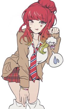 1boy 1girl :p blonde_hair blush bracelet breasts brown_jacket character_doll chibi commentary_request doll earrings facial_tattoo gemamamaa gnosia gradient_hair gyaru hair_bun half_updo heart highres holding holding_stuffed_toy jacket jewelry kogal korean_commentary leg_warmers long_hair long_sleeves looking_at_viewer multicolored_hair necktie plaid_clothes plaid_skirt red_hair red_necktie red_skirt remnan_(gnosia) school_uniform shirt simple_background single_hair_bun skirt smile socks sq_(gnosia) striped_necktie stuffed_animal stuffed_toy sweatdrop tattoo tongue tongue_out white_background white_shirt