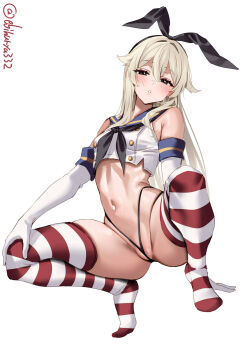 Rule 34 | 1girl, black hairband, black neckerchief, black panties, blonde hair, blue sailor collar, commentary request, ebifurya, elbow gloves, full body, gloves, grey eyes, hair between eyes, hairband, hand on own knee, highleg, highleg panties, highres, kantai collection, long hair, looking at viewer, navel, neckerchief, one-hour drawing challenge, panties, parted lips, partially visible vulva, sailor collar, shimakaze (kancolle), solo, squatting, striped clothes, striped thighhighs, thighhighs, thong, twitter username, underwear, white gloves