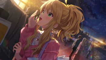 1boy 1girl blonde_hair commentary_request dutch_angle game_cg green_eyes hand_to_own_mouth hoshii_miki hoshii_miki_(private_dress) idolmaster idolmaster_(classic) idolmaster_million_live! idolmaster_million_live!_theater_days jewelry light_particles long_sleeves looking_at_another necklace night official_alternate_costume official_alternate_hairstyle official_art open_mouth outdoors pink_sweater ponytail solo_focus sweater third-party_source whispering