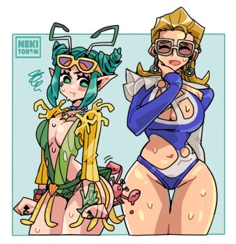 2girls absurdres alien angry antennae blonde_hair blue_eyes blush breasts closed_mouth crab fantastic_four guardians_of_the_galaxy highres large_breasts long_hair mantis_(marvel) mantis_(oceanic_harmony)_(marvel) marvel marvel_rivals multiple_girls nekitoron open_mouth pointy_ears simple_background smile sue_storm sue_storm_(azure_shade) swimsuit