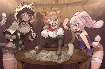 3girls :3 :d animal_ears animal_hood bandaged_leg bandages bell blonde_hair blue_eyes blush braid brown_corset brown_gloves brown_hair cat_ears cat_girl cat_hood cat_tail cats_&amp;_crypts clothing_cutout commission corset dark_skin elbow_gloves fingerless_gloves gloves hair_between_eyes highres holding holding_map hood leotard map multiple_girls natasha_(cats_&amp;_crypts) neck_bell non-web_source open_mouth original pointing rabbit_ears rabbit_girl rabbit_tail red_eyes red_scarf scarf second-party_source shirt shorts simple_background single_braid single_braided_sidelock single_wrist_guard smile sparkling_eyes table tail tail_ornament vira_(alterkyon) white_hair white_shirt windygria yellow_eyes