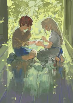 1boy 1girl aged_down alex_(degrees_of_lewdity) alex_(male)_(degrees_of_lewdity) ankle_socks backlighting bandaged_arm bandages barefoot belt belt_ribbon blonde_hair blue_belt blue_ribbon blue_shorts bottle braid brown_sweater child chinese_commentary commentary_request crying day degrees_of_lewdity double-parted_bangs dress expressionless freckles from_side full_body gauze gauze_on_arm grey_shoes grey_socks hice_hideice highres holding holding_bandages indoors injury leaf long_hair long_sleeves medicine_bottle on_floor open_mouth plant player_character_(degrees_of_lewdity) player_character_(female)_(degrees_of_lewdity) puffy_short_sleeves puffy_sleeves raised_inner_eyebrows red_hair reflection reflective_floor ribbon rubbing_eyes seiza shoes short_hair short_sleeves shorts sidelocks single_braid sitting sleeve_rolled_up sneakers socks sweater unfinished white_dress wooden_floor yellow_eyes