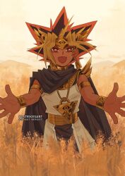 Rule 34 | 1boy, armlet, atem, blonde hair, bracelet, cape, cowboy shot, earrings, egyptian clothes, eye of horus, hill, jewelry, lightningstrikes, multicolored hair, necklace, outdoors, pelvic curtain, pink eyes, purple cape, red hair, sky, sleeveless, solo, spiked hair, tan, yellow bracelet, yellow collar, yu-gi-oh!, yu-gi-oh! duel monsters