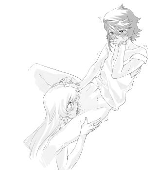 2girls blush bottomless bracelet chinese_commentary clothes_lift commentary covering_own_mouth cunnilingus female_pubic_hair greyscale hand_on_another&#039;s_head hand_on_another&#039;s_thigh heart-shift_bracelets highres jewelry jiguang_haibao koishikawa_iko long_hair momijiyama_teru monochrome multiple_girls navel off_shoulder oral pubic_hair shirt_lift short_hair shy_(series) simple_background sweat unworn_eyewear white_background yuri