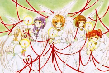 1990s_(style) 5girls ahoge angel antenna_hair blunt_bangs candle cardcaptor_sakura child clamp daidouji_tomoyo drill_hair everyone kinomoto_sakura mihara_chiharu multiple_girls official_art retro_artstyle ribbon sasaki_rika twin_drills twintails wings yanagisawa_naoko