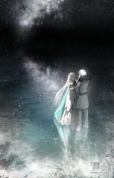 1boy 1girl anastasia_(fate) artist_name black_gloves blue_cape cape closed_eyes commentary_request crack cracked_floor dress fate/grand_order fate_(series) fur_collar gloves gold_hairband grey_hair hairband hands_on_another's_face highres ice inamori_ryusa kadoc_zemlupus qr_code sky snow star_(sky) starry_sky white_dress