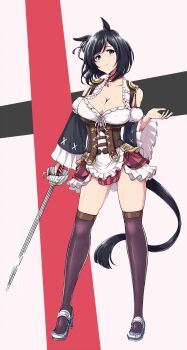 1girl animal_ears black_hair black_thighhighs blue_eyes blush bob_cut bodice bow breasts brown_corset choker cleavage closed_mouth collarbone corset deno_(denomina0) detached_sleeves dirndl ear_ornament ear_ribbon ear_scrunchie eishin_flash_(meisterschaft)_(umamusume) eishin_flash_(umamusume) frills german_clothes hair_between_eyes highres holding holding_sword holding_weapon horse_ears horse_girl horse_tail large_breasts long_sleeves looking_at_viewer red_choker red_skirt scrunchie shirt shoes short_hair skirt smile solo striped_clothes striped_skirt swept_bangs sword tail thighhighs umamusume vertical-striped_clothes vertical-striped_skirt weapon white_scrunchie white_shirt