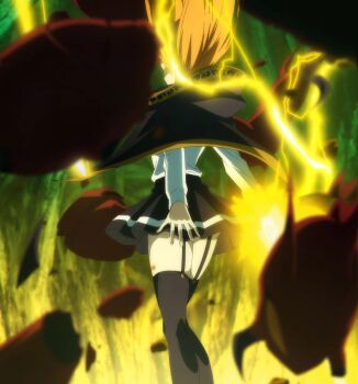 1girl anime_screenshot black_cape black_capelet black_garter_belt black_garter_straps black_skirt black_socks black_thighhighs blonde_hair cape capelet female_focus garter_belt garter_straps highres hood hooded_cape hooded_capelet legs lightning lihanna_owenzaus long_hair miniskirt pleated_skirt school_uniform sexually_suggestive shirt skirt socks solo solo_focus thighhighs thighs tsue_to_tsurugi_no_wistoria white_shirt yellow_lightning zettai_ryouiki
