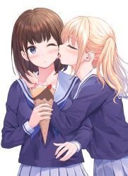 Rule 34 | 2girls, ;(, blonde hair, blue neckerchief, blush, brown hair, closed eyes, collarbone, commentary request, crepe, facing another, food, food on face, from side, fruit, hair ornament, hairclip, hand on another&#039;s shoulder, highres, holding, holding food, licking, licking another&#039;s cheek, licking another&#039;s face, light frown, long sleeves, medium hair, multiple girls, neckerchief, one eye closed, original, pasdar, pleated skirt, profile, purple eyes, sailor collar, school uniform, serafuku, short hair, sidelocks, simple background, skirt, strawberry, tongue, tongue out, twintails, white background, white sailor collar, white skirt, yuri