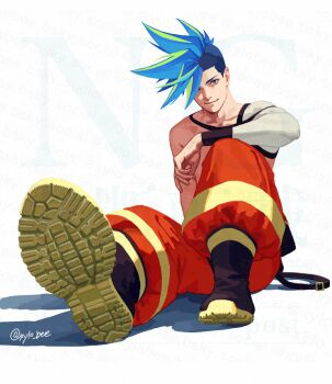 1boy arm_on_knee black_boots blue_eyes blue_hair boots closed_mouth collarbone dated_commentary firefighter galo_thymos male_focus mohawk pants promare red_pants sitting smile solo twitter_username watermark white_background xylo_bee