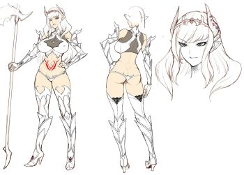 1girl alectra armor ass bikini_armor breasts butt_crack cleavage curvy demon_girl dimples_of_venus elbow_gloves full_body gloves hand_on_own_hip highres holding holding_weapon horns huge_ass large_breasts long_hair looking_at_viewer multiple_views navel non-web_source official_art pointy_ears reference_sheet revealing_clothes smile source_request standing stomach_tattoo taimanin_(series) taimanin_rpgx tattoo thighs thong tiara weapon white_background wide_hips zol