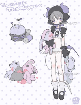 1girl am314 animal_hands black_gloves black_headband black_shoes bow commentary_request commission crop_top empty_eyes frown full_body gloves grey_hair headband highres holding holding_toy horns horns_through_headwear looking_to_the_side low_wings mary_janes needle original paw_gloves pincushion polka_dot polka_dot_background purple_bow purple_eyes purple_horns purple_wings sample_watermark sewing_pin shirt shoes short_hair shorts simple_background skeb_commission socks solo spool tail torn_stuffed_toy toy watermark white_background white_shirt white_shorts white_socks wings