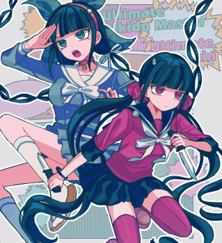 2girls black_hair black_sailor_collar blunt_bangs bow bowtie breasts brown_hair chabashira_tenko choker comic_background commentary_request danganronpa_(series) danganronpa_v3:_killing_harmony fighting_stance green_eyes grey_bow grey_bowtie hair_ornament hair_ribbon hair_scrunchie hairband harukawa_maki highres layered_skirt long_hair long_sleeves low_twintails milk_o mole mole_under_mouth multiple_girls open_mouth outline pink_choker pink_hairband pleated_skirt red_eyes red_scrunchie red_shirt red_thighhighs ribbon sailor_collar school_uniform scrunchie shirt skirt thighhighs twintails white_bow white_bowtie white_outline