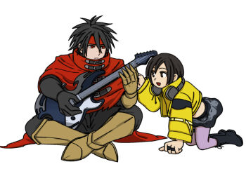 1boy 1girl armored_boots black_boots black_gloves black_hair black_pants black_skirt boots brown_eyes clawed_gauntlets cloak closed_mouth coat cropped_coat final_fantasy final_fantasy_vii final_fantasy_vii_ever_crisis full_body gloves guitar hair_between_eyes headband headphones headphones_around_neck indian_style instrument kneeling leaning_forward long_hair midriff music official_alternate_costume open_mouth pants playing_guitar playing_instrument red_cloak red_eyes red_headband s_m_man short_hair sitting skirt smile vincent_valentine white_background yellow_coat yuffie_kisaragi yuffie_kisaragi_(rocker_outfit)