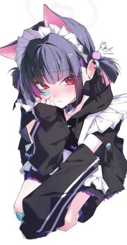 Rule 34 | 1girl, alternate costume, animal ears, apron, bandaid, bandaid on face, black choker, black hair, black hoodie, black skirt, blue archive, blush, cat ears, cat girl, choker, closed mouth, colored inner animal ears, colored inner hair, commentary, detached sleeves, ear piercing, earclip, elbow on thigh, enmaided, extra ears, frilled apron, frills, full body, gauze on knee, hair bobbles, hair ornament, halo, hand on own face, highres, hood, hood down, hoodie, jersey maid, kazusa (blue archive), looking at viewer, maid, maid apron, maid headdress, multicolored hair, nekomochi, padlocked choker, piercing, pink hair, pink halo, red eyes, short hair, short sleeves, short twintails, signature, simple background, skirt, sleeves past wrists, solo, squatting, twintails, two-tone hair, unconventional maid, waist apron, white apron, white background, white headdress