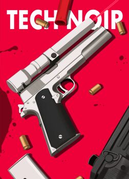 Rule 34 | 12-gauge, 9x19mm parabellum, ammunition, amt hardballer, amt hardballer longslide, blood, english text, gun, handgun, highres, laser, laser sight, magazine (weapon), no humans, parabellum, pistol, red background, shotgun shell, submachine gun, terminator (series), the terminator, uzi, weapon, witness holes