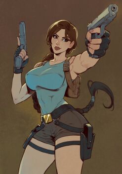 1girl aiming backpack bag black_gloves blue_tank_top braid braided_ponytail breasts brown_eyes brown_hair brown_lips brown_shorts commentary contrapposto cowboy_shot danusko dual_wielding finger_on_trigger fingerless_gloves gloves hashtag-only_commentary highres holding holster lara_croft large_breasts long_hair narrow_waist short_shorts shorts smile solo tank_top tomb_raider trigger_discipline very_long_hair