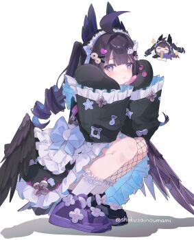 1girl :t absurdres ahoge artist_name blush chibi chibi_inset decora drill_hair enna_alouette enna_alouette_(decora) fishnet_thighhighs fishnets full_body hair_intakes hands_on_own_cheeks hands_on_own_face head_wings highres konsome9bu looking_at_viewer low_wings maid maid_headdress mittens nijisanji nijisanji_en purple_eyes purple_hair shoes simple_background single_thighhigh sneakers sparkle squatting thighhighs twitter_username two_side_up virtual_youtuber vomiting_rainbows white_background wings