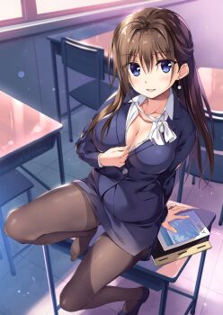 1girl blue_eyes blush boku_no_kanojo_sensei book bottomless breasts brown_hair classroom coat desk earrings feet fujiki_maka handkerchief jewelry large_breasts long_hair open_mouth original oryo_(oryo04) pantyhose smile teacher undressing