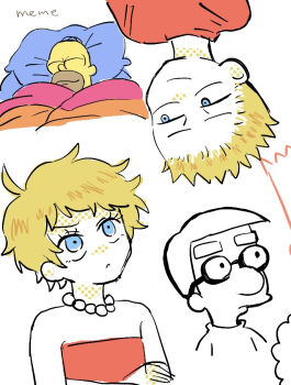 20th_century_fox bart_simpson beard bed bed_sheet big_nose blonde_hair chawako_(spchawanmushi) child collar colored_skin dress facial_hair glasses homer_simpson lisa_simpson milhouse_van_houten on_bed shirt shota siblings sleeping spiked_hair the_simpsons yellow_skin