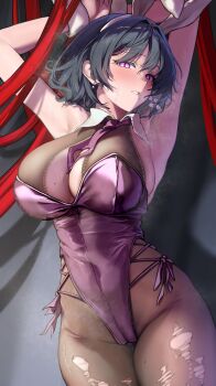 1girl absurdres animal_ears armpits arms_up black_hair blush breasts cleavage cleavage_cutout clothing_cutout commentary commission earrings fake_animal_ears hair_between_eyes heart_cutout highres indie_virtual_youtuber jewelry large_breasts leotard looking_at_viewer miroku_mosman mole mole_on_breast mole_under_mouth necktie pantyhose pink_eyes playboy_bunny purple_leotard purple_necktie rabbit_ears second-party_source skeb_commission solo sweat symbol-only_commentary tokiai_misao torn_clothes torn_pantyhose virtual_youtuber wrist_cuffs