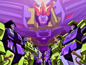 assault_visor bonecrusher constructicon crown decepticon devastator_(transformers) glowing glowing_eyes hook_(transformers) insignia instrument long_haul_(transformers) makoto_ono mecha mixmaster multiple_boys red_eyes robot scavenger_(transformers) science_fiction scrapper_(transformers) transformers transformers:_generation_1 trumpet