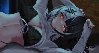 1girl black_bra black_hair black_nails blunt_bangs bra breasts closed_mouth clothes_lift hololive hololive_english indoors large_breasts looking_at_viewer lying multicolored_hair navel on_bed on_side orange_eyes shiori_novella shirt shirt_lift solo split-color_hair two-tone_hair underwear varo_006 virtual_youtuber white_hair white_shirt