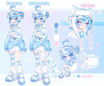 1other absurdres adoptable ahoge animal_ears black_eyes black_hair blue_eyes blue_hair blue_hat blue_hoodie blue_shoes blue_thighhighs cat_ears cloud_(lufaeris) color_guide commentary double-parted_bangs earmuffs english_commentary fake_animal_ears hair_between_eyes hat heart heart_ahoge highres hood hood_down hoodie leg_warmers looking_at_viewer medium_hair multiple_views original other_focus reference_sheet shoes striped_clothes striped_thighhighs thighhighs white_leg_warmers