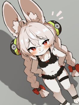 1girl :3 absurdres ahoge black_sports_bra blush braid bright_pupils closed_mouth double-parted_bangs furrification furry furry_female grey_background grey_hair hands_on_own_hips highres lilkon long_hair looking_at_viewer low_twin_braids navel official_underwear rabbit_girl rabbit_tail red_eyes simple_background smile solo sports_bra tail twin_braids white_pupils zenless_zone_zero zhao_(zenless_zone_zero)