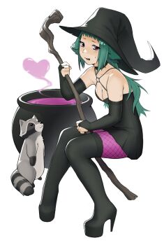 Rule 34 | 1girl, alternate costume, bare shoulders, black boots, black bridal gauntlets, black hat, boots, borrowed character, breasts, bridal gauntlets, cauldron, cleavage, dress, elbow gloves, familiar, fishnet pantyhose, fishnets, full body, fuyu (knooooe), gloves, green hair, hair ears, halloween costume, hat, heart, highres, holding, holding staff, invisible chair, long hair, mage staff, medium breasts, nervous smile, o-ring dress, open mouth, original, pantyhose, platform boots, purple eyes, purple pantyhose, raccoon, short dress, sitting, smile, solo, staff, sweatdrop, thigh boots, witch, witch hat, yirtios