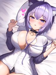 Rule 34 | 1girl, ahoge, animal collar, animal ear fluff, animal ears, black panties, blush, breasts, cat ears, cat girl, cat tail, cleavage, collar, collarbone, colored inner hair, hands up, highres, hololive, kogekoge1207, large breasts, loose neck ribbon, lying, medium hair, multicolored hair, neck ribbon, nekomata okayu, on back, on bed, open mouth, panties, partially unbuttoned, pillow, purple eyes, purple hair, purple ribbon, ribbon, shirt, solo, tail, underwear, white shirt