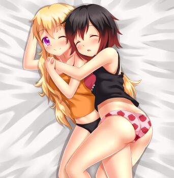 2girls ass bed black_hair black_panties blonde_hair blush breasts butt_crack cuddling closed_eyes flower gradient_hair hug incest long_hair multicolored_hair multiple_girls nottytiffy open_mouth panties pink_panties print_panties purple_eyes red_flower red_hair red_rose rose ruby_rose rwby short_hair siblings sisters sleeping underwear very_long_hair yang_xiao_long yuri