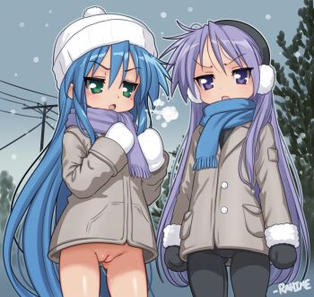 2girls absurdres beanie blue_hair breath change_in_common_sense cleft_of_venus coat earmuffs exhibitionism fat_mons green_eyes groin hat highres hiiragi_kagami huge_filesize izumi_konata loli long_hair looking_at_viewer lucky_star mittens mons_pubis multiple_girls outdoors pants public_indecency purple_eyes purple_hair pussy pussy_juice rahime scarf school_uniform snow standing thighs tree utility_pole winter_clothes