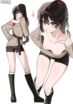 1girl absurdres bare_shoulders belt black_boots black_shorts boots breasts brown_belt brown_hair brown_sweater carmen_(project_moon) collared_shirt commentary_request danggeu9129862 heart high_ponytail highres index_finger_raised kneehighs korean_commentary lobotomy_corporation long_hair looking_at_viewer multiple_views no_bra off-shoulder_sweater off_shoulder ponytail project_moon shirt shorts small_breasts socks sweater white_socks